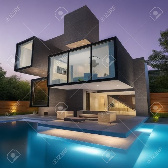 Vista externa de uma casa contemporânea com piscina ao entardecer