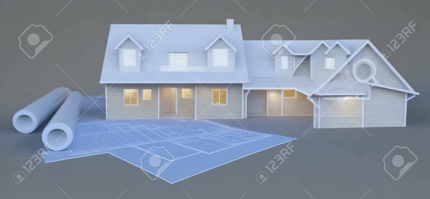 在不同设计阶段的蓝图顶部的房屋项目3D渲染