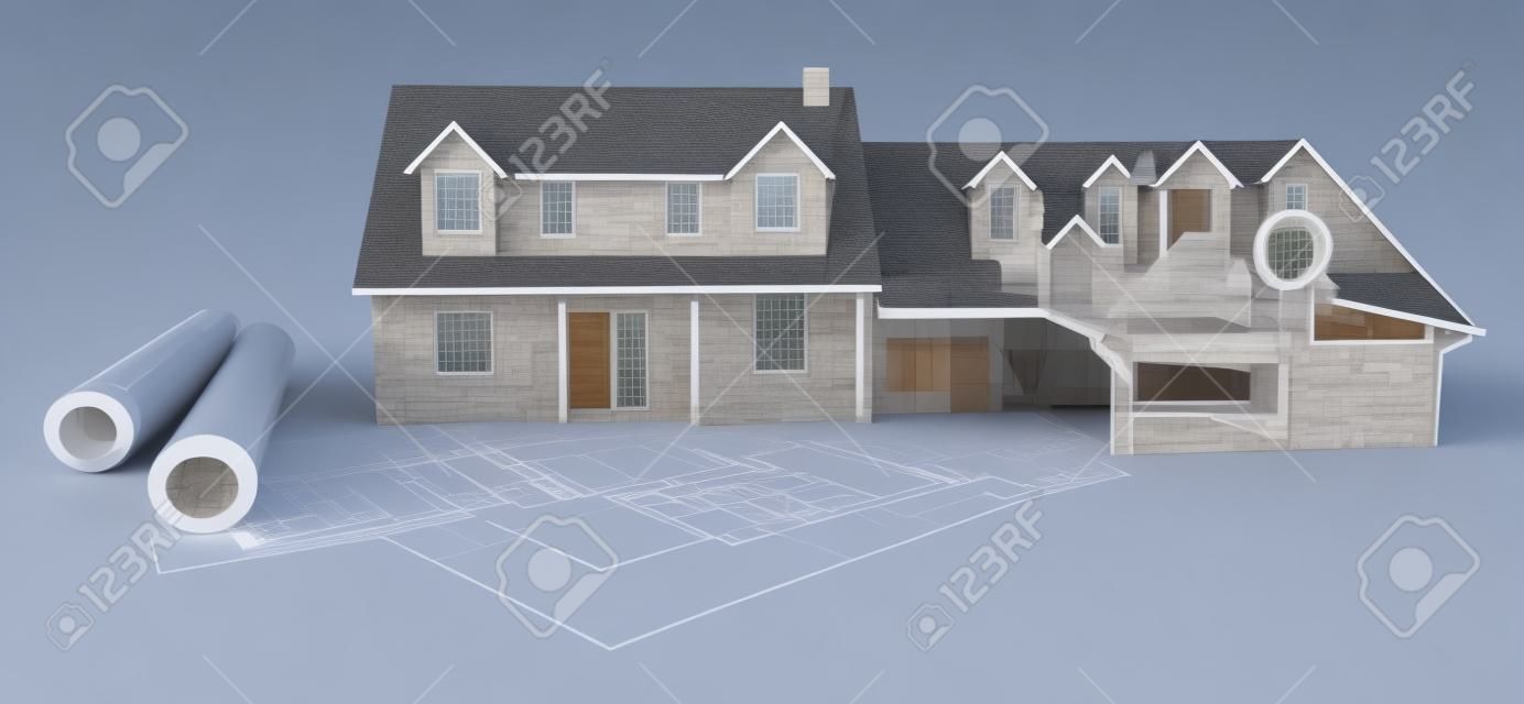 3D renderelés egy ház projekt tetején tervrajzok, amely bemutatja a különböző tervezési szakaszban