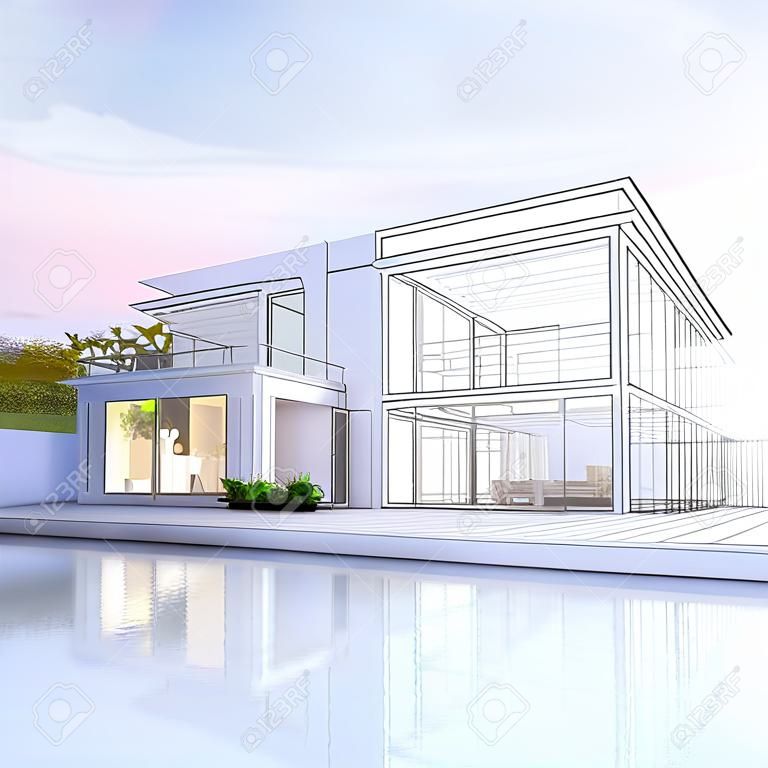 Rendu 3D d'une luxueuse villa contrastant avec rendu réaliste et portiques