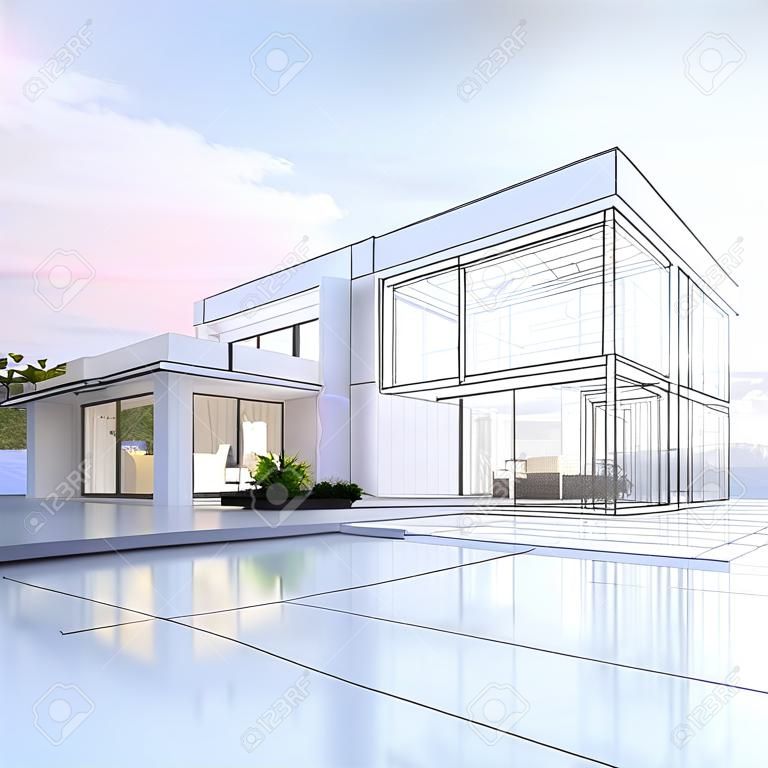 Renderização 3D de uma villa de luxo com renderização realista contrastante e wireframe