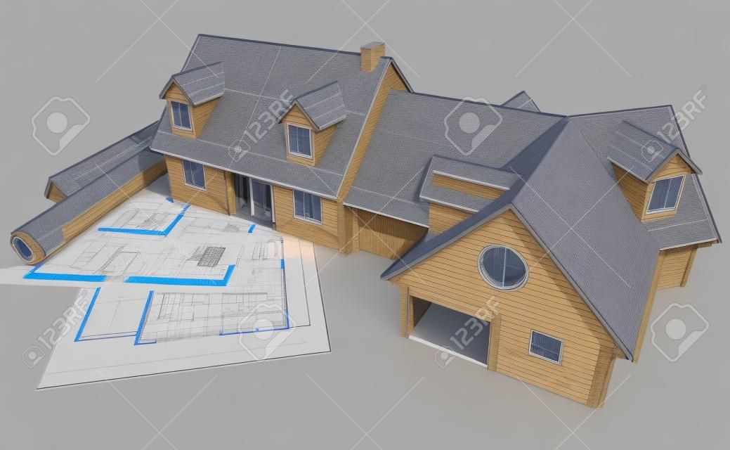 3D rendering van een huisproject bovenop blauwdrukken, met verschillende ontwerpfasen