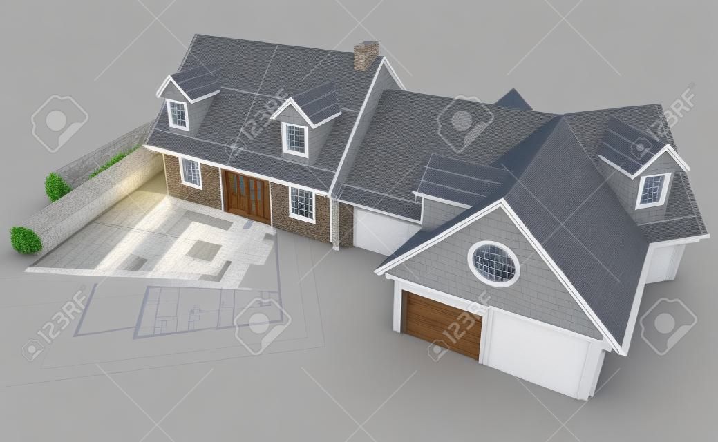 3D rendering van een huisproject bovenop blauwdrukken, met verschillende ontwerpfasen