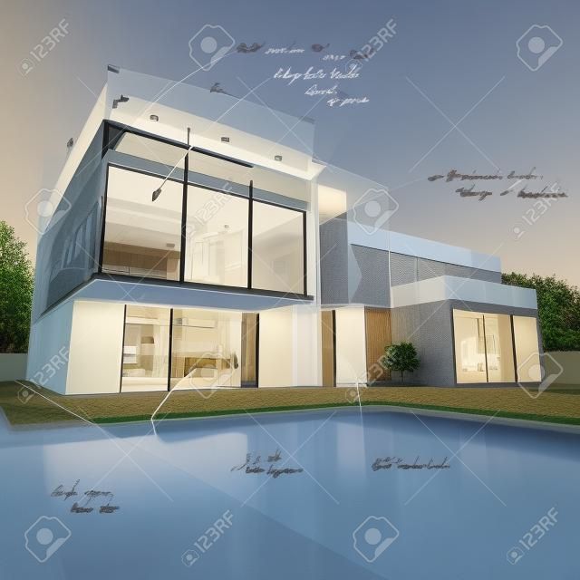 3D rendering of a luxurious villa contrasting with a technical draft part