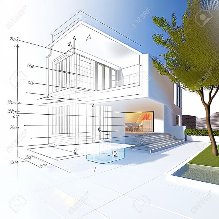 3D rendering of a luxurious villa contrasting with a technical draft part