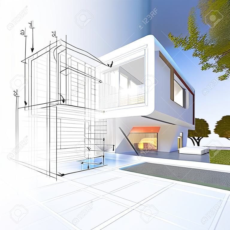 Rendering 3D di una lussuosa villa a contrasto con un progetto di parte tecnica