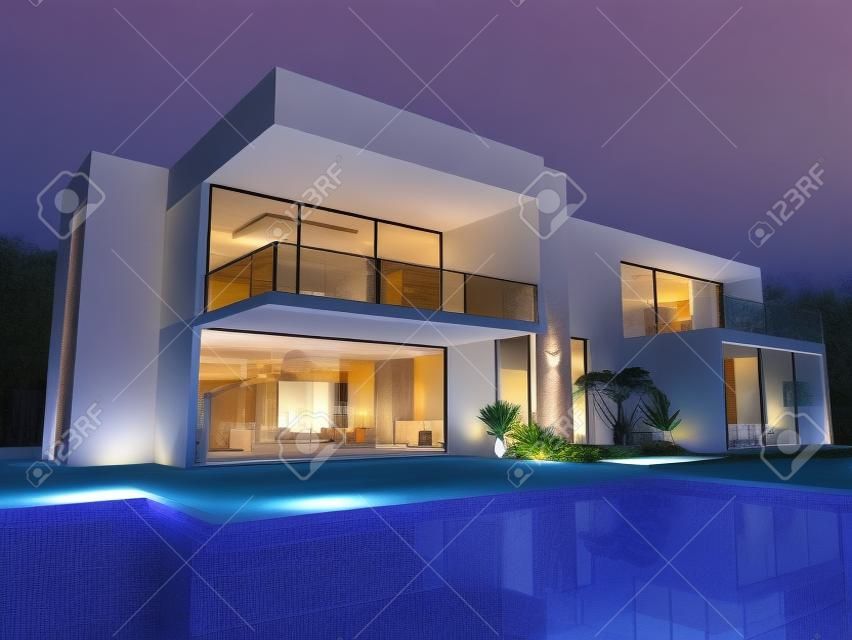 Luxus-villa mit pool in der dämmerung