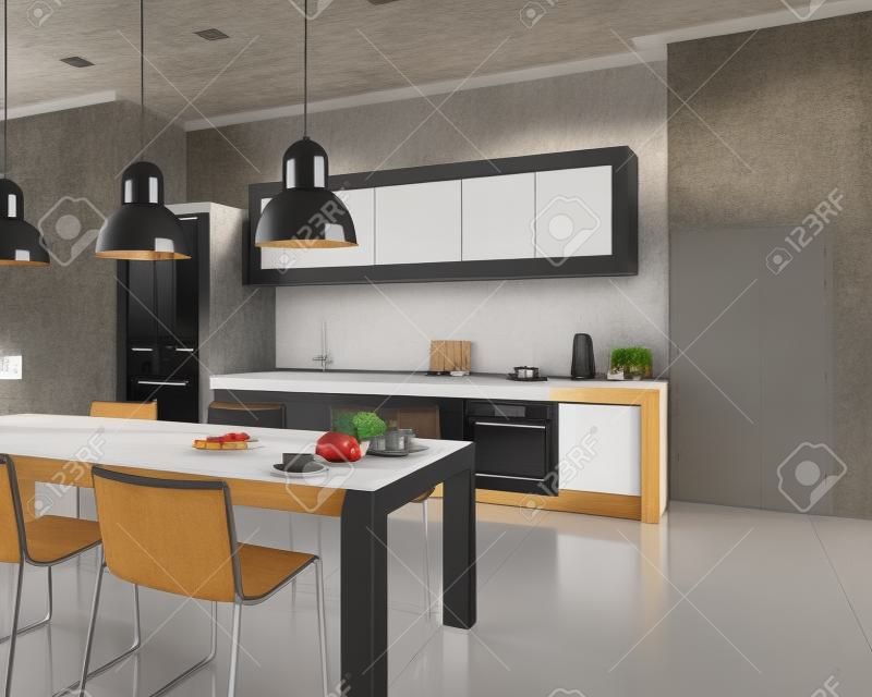 3D rendering of a modern industrial style kitchen