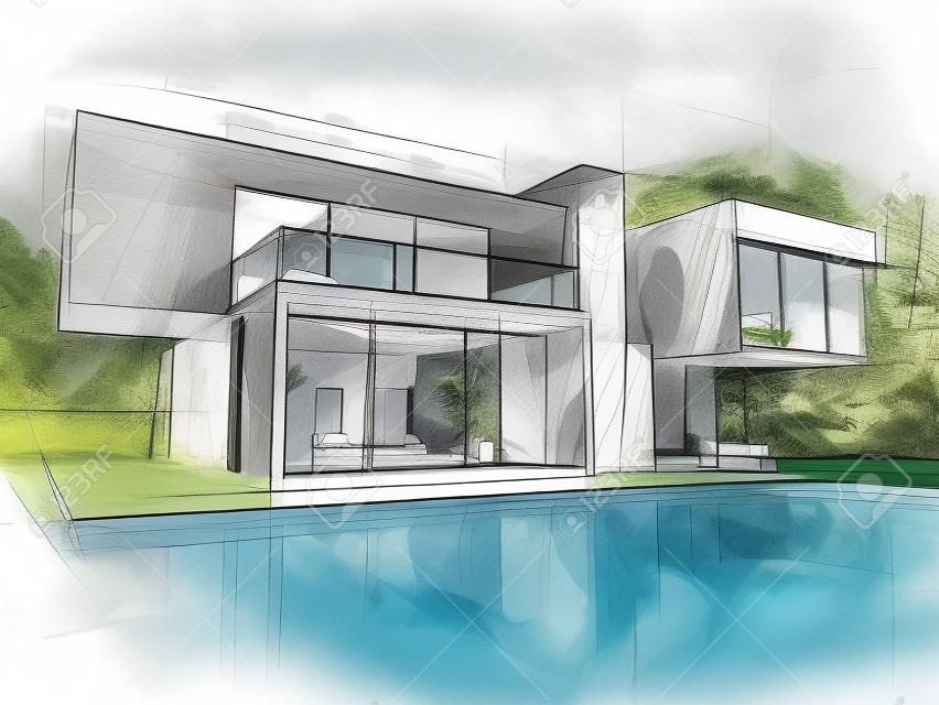 Sketch of a luxurious modern house surrounded by a pool