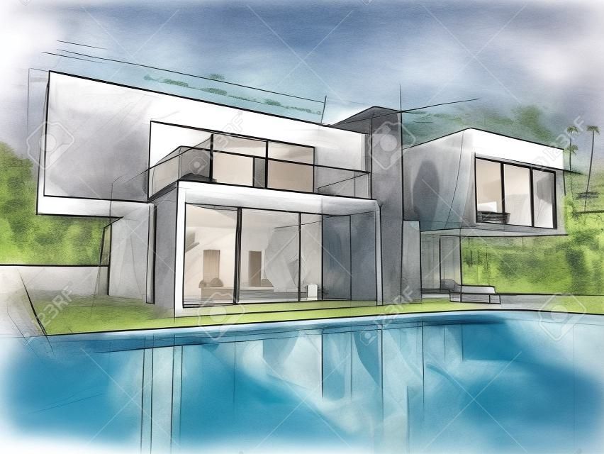Schets van een luxe moderne woning omgeven door een zwembad