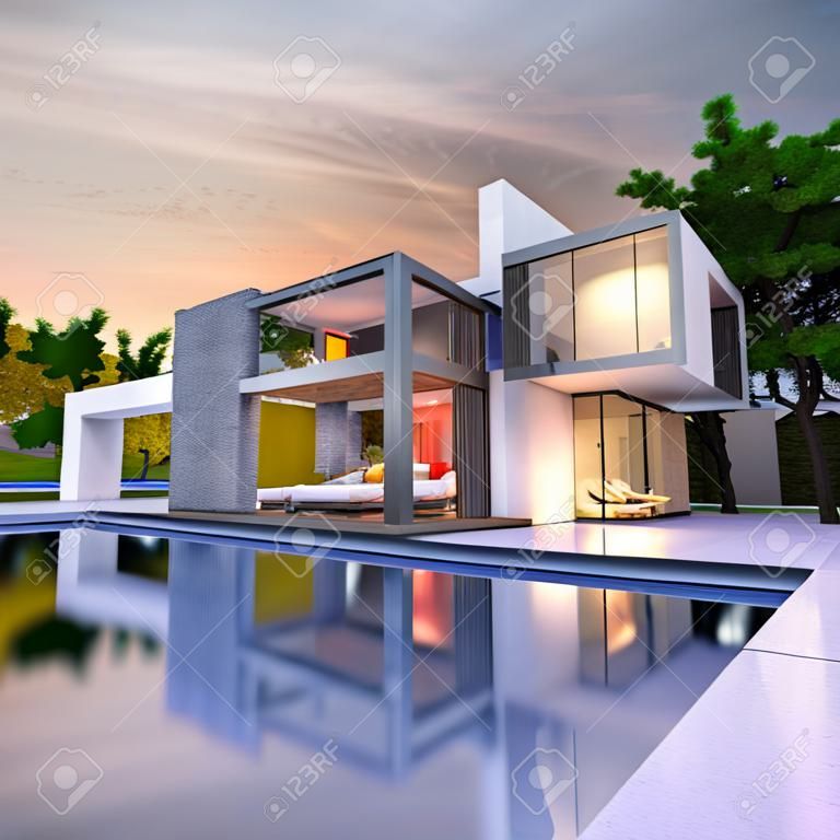 수영장이 있는 웅장한 현대식 주택의 3D 렌더링