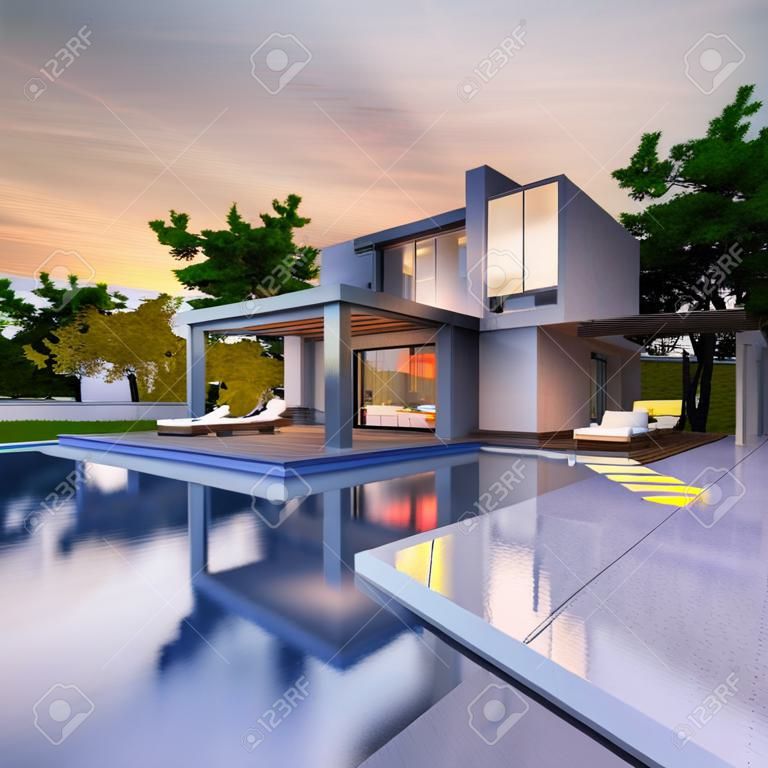 수영장이 있는 웅장한 현대식 주택의 3D 렌더링