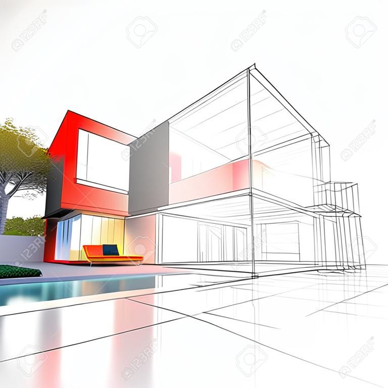 수영장 건축 프로젝트가 있는 인상적인 현대식 주택