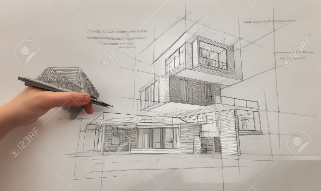 Projekt architektoniczny przedstawiający różne fazy projektowania, od ręcznie robionego szkicu, specyfikacji konstrukcji po realistyczne renderowanie 3d. pismo jest fikcyjnym tekstem.