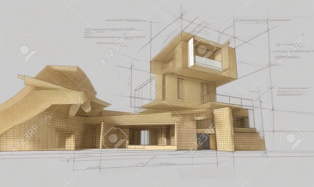 Progetto di architettura che mostra diverse fasi di progettazione, dallo schizzo grezzo fatto a mano, alle specifiche di costruzione al rendering 3D realistico. La scrittura è un testo fittizio.