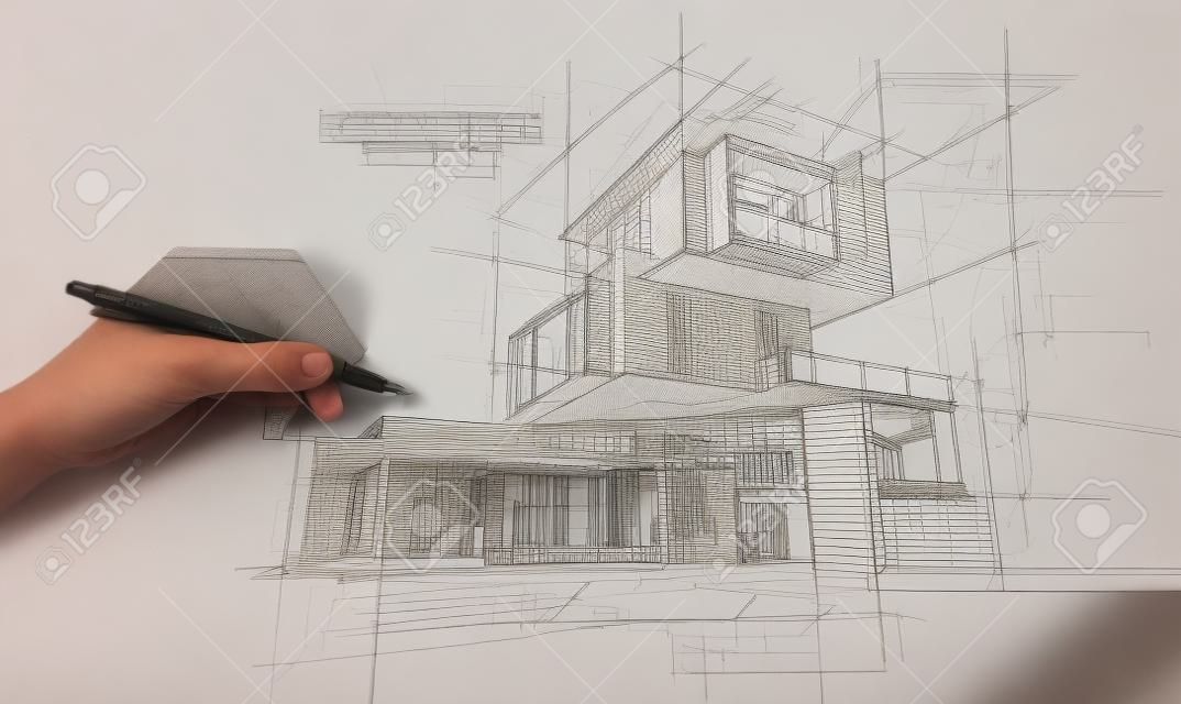 Projet d'architecture montrant différentes phases de conception, de l'esquisse à la main, des spécifications de construction au rendu 3D réaliste. L'écriture est un texte factice.
