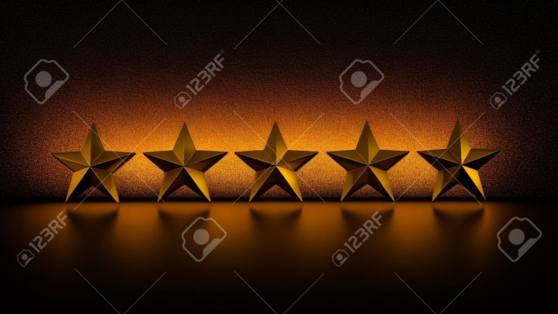 3D rendering of five golden stars against a black background