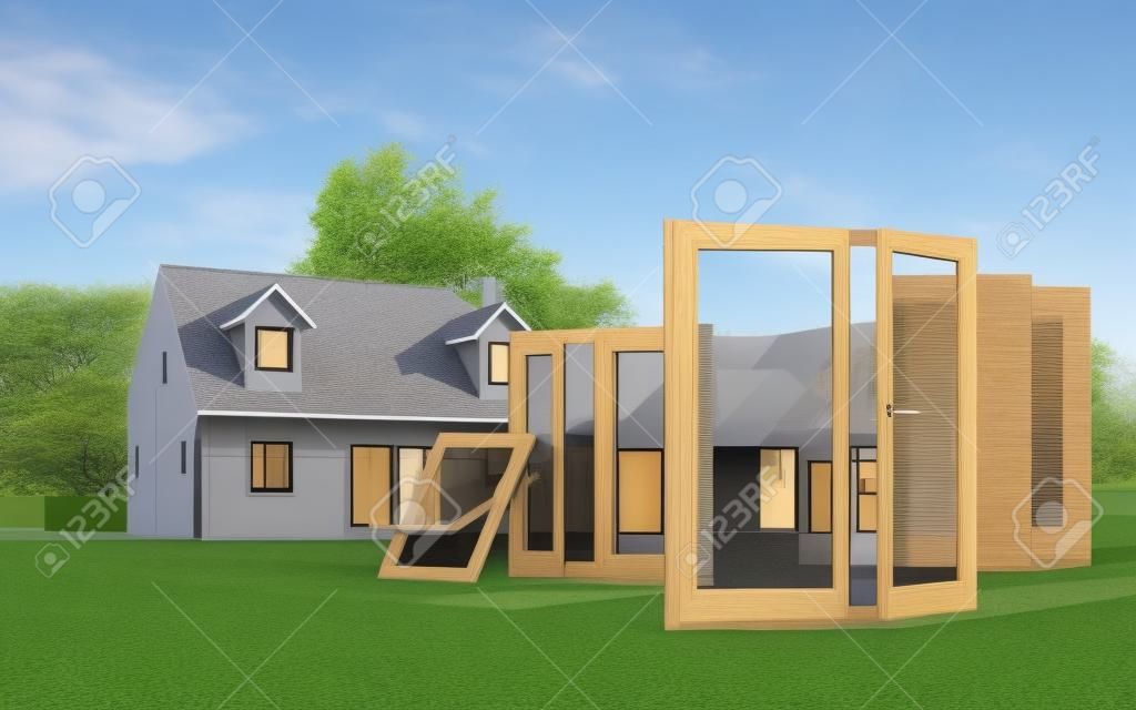 3D-Darstellung eines im Bau befindlichen Hauses mit Auswahl an Türen und Fenstern