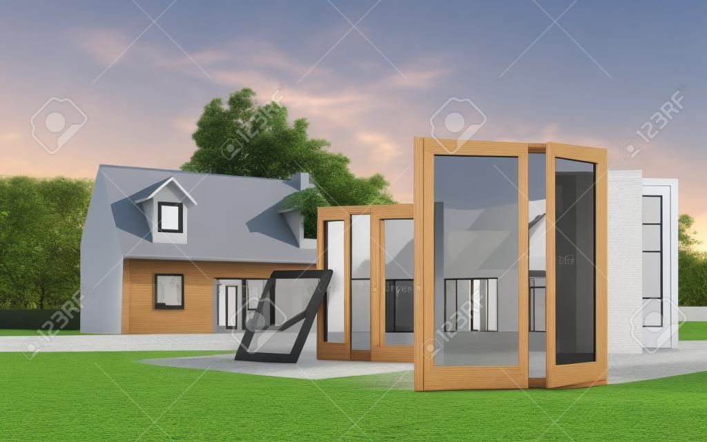 3D-Darstellung eines im Bau befindlichen Hauses mit Auswahl an Türen und Fenstern