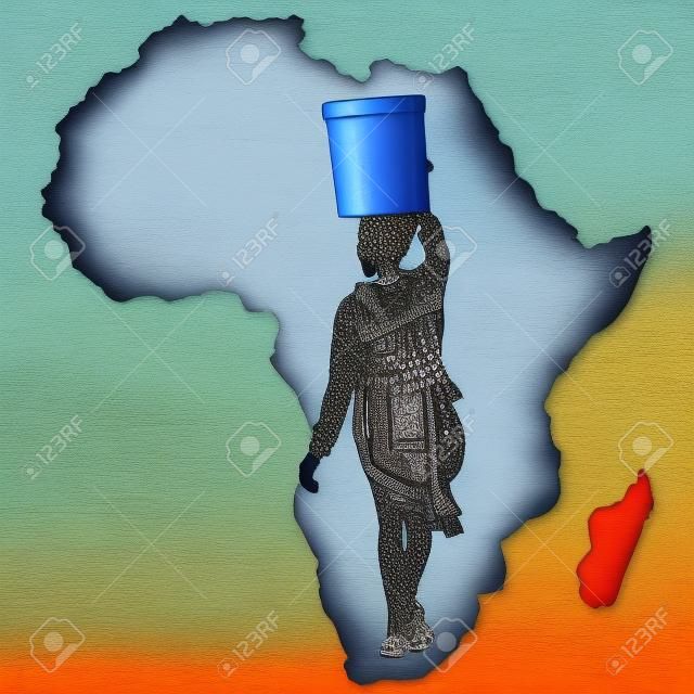 Water is leven - Symbolische illustratie van een Afrikaanse vrouw die een emmer water naar de Afrikaanse weg draagt