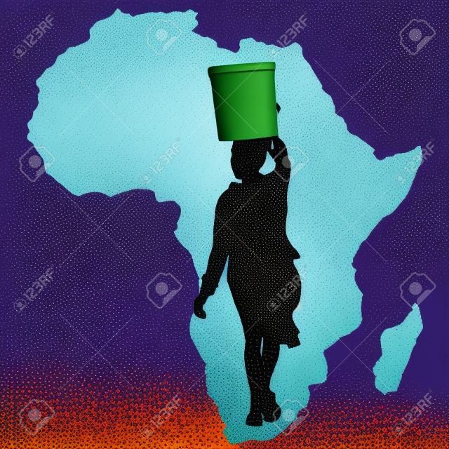 Water is leven - Symbolische illustratie van een Afrikaanse vrouw die een emmer water naar de Afrikaanse weg draagt