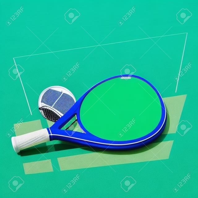 Paddle tennis racket and ball on green land and blue background.