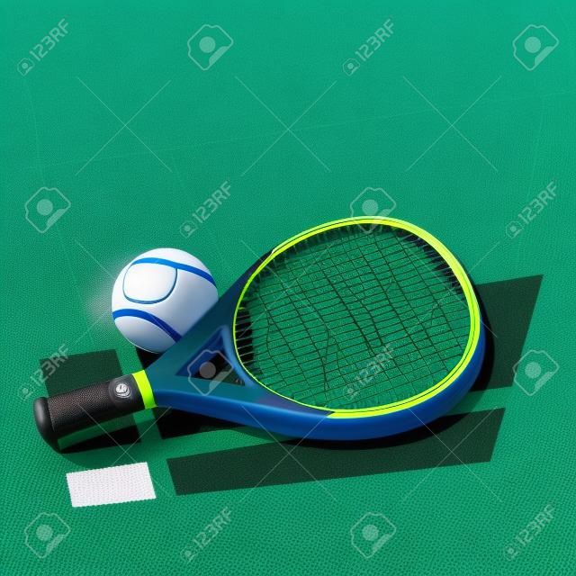 Paddle tennisracket en bal op groen land en blauwe achtergrond.