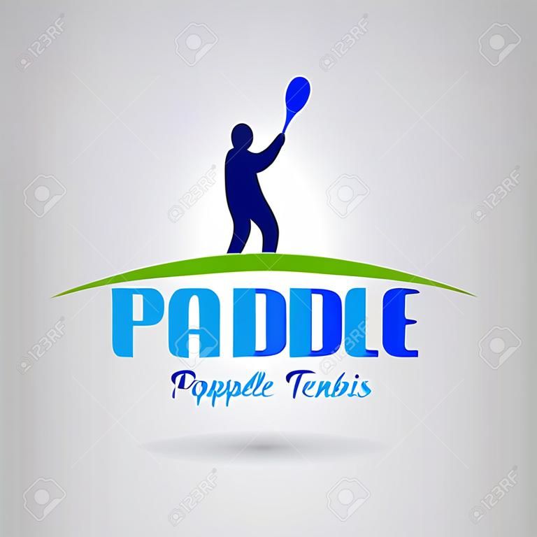 ロゴのパドル (パドルテニス)。パドル ラケット ボール トッピングを持つ男。青と緑の色。ベクトル