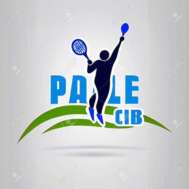 Remo do logotipo (tênis de pá). Homem com cobertura de bola de raquete de pá. cores azuis e verdes. Vector