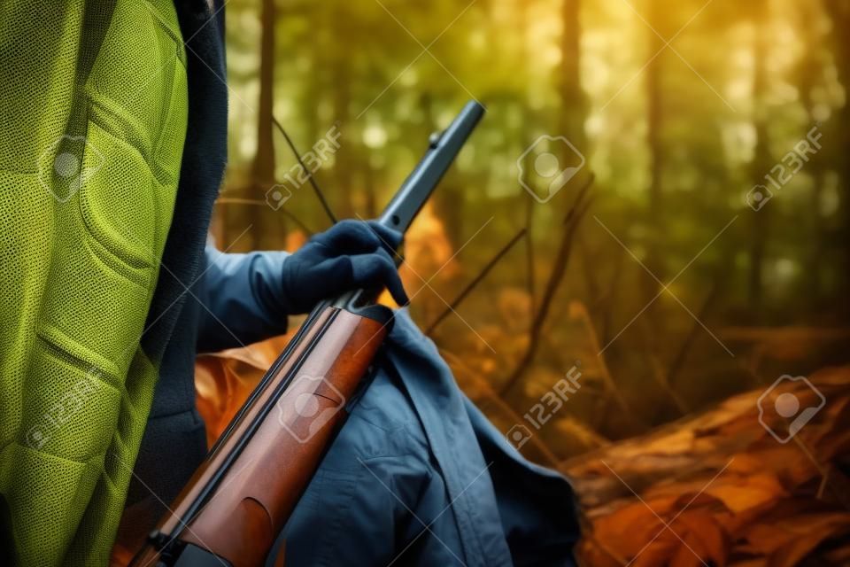 Polowanie. Myśliwy kobieta trzyma broń w lesie