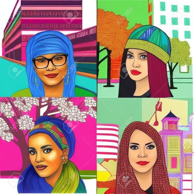 Hand gezeichnete Porträts von Frauen aus unterschiedlichen Kulturkreisen - No. 2 - farbig