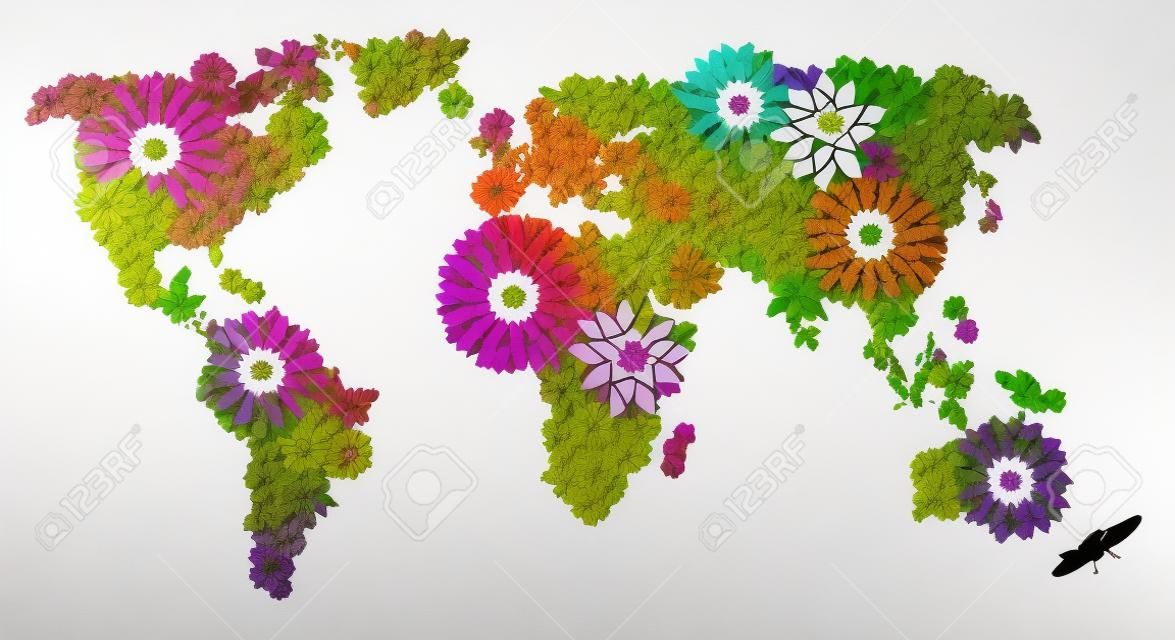 Dünya haritası çiçeklerden oluşan