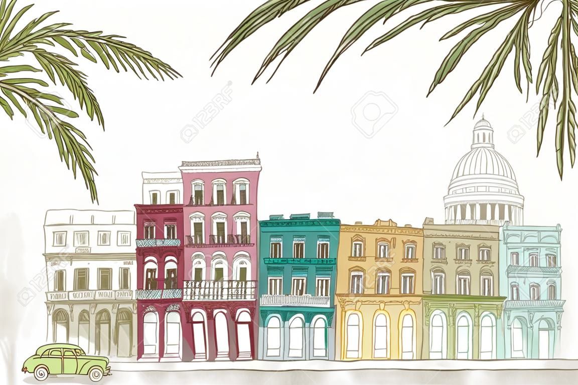 Havana, Cuba - hand drawn colorful illustration of the city with green palm tree branches
