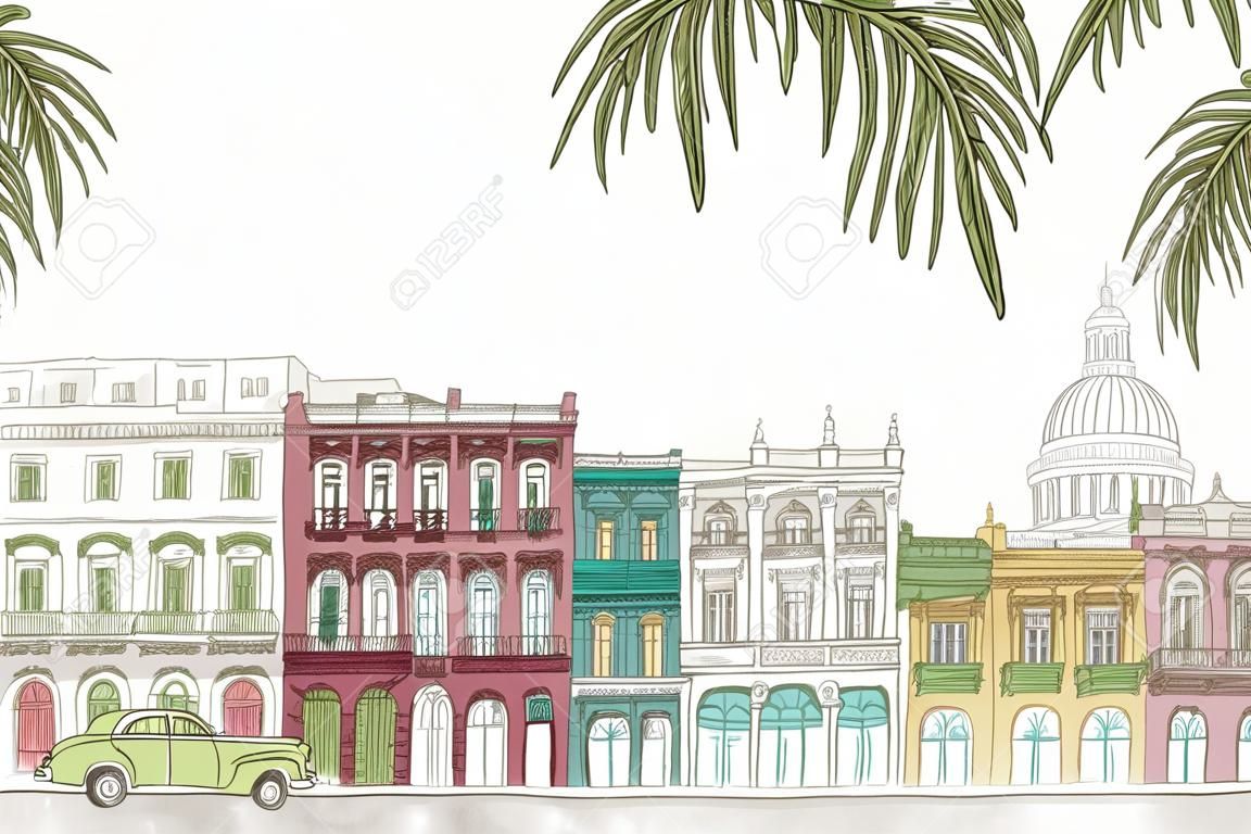 Havana, Cuba - hand drawn colorful illustration of the city with green palm tree branches