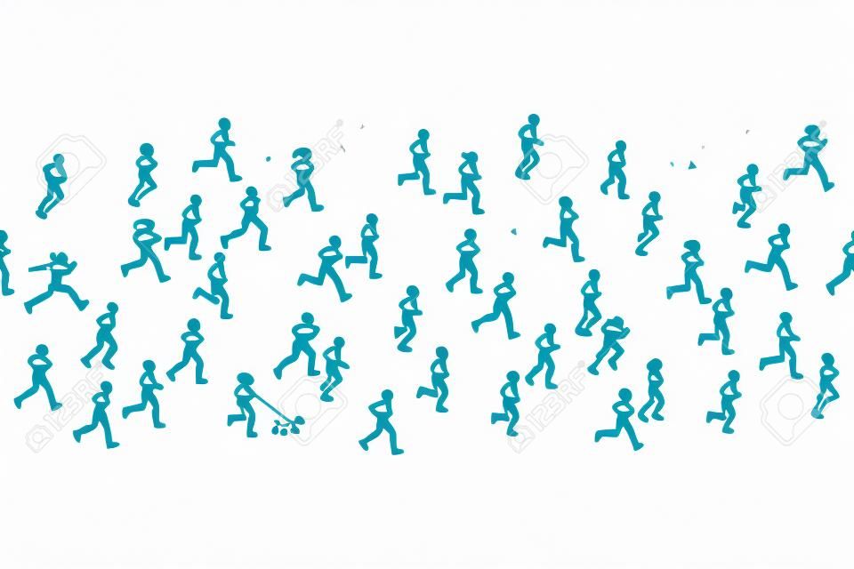 小型馬拉松運動員的無縫橫幅，可以水平平鋪：從左到右跑步的小手繪男女各式各樣的集合