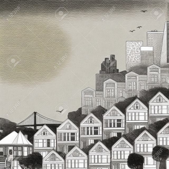 빅토리아 주택과 텍스트에 대 한 빈 공간 샌프란시스코의 손으로 그린 흑백 그림