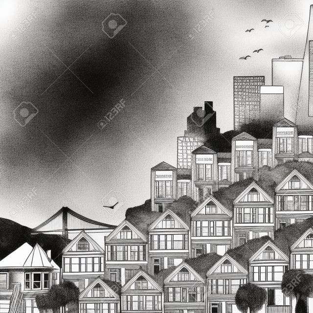 Hand drawn black and white illustration of San Francisco with Victorian houses and empty space for text