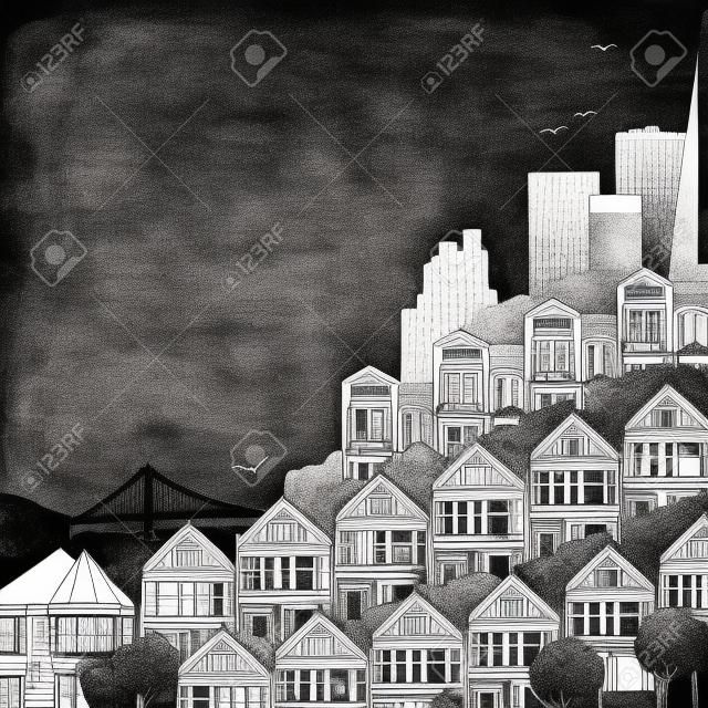 빅토리아 주택과 텍스트에 대 한 빈 공간 샌프란시스코의 손으로 그린 흑백 그림