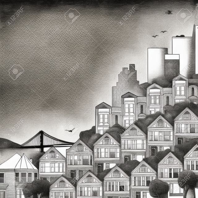Hand drawn black and white illustration of San Francisco with Victorian houses and empty space for text