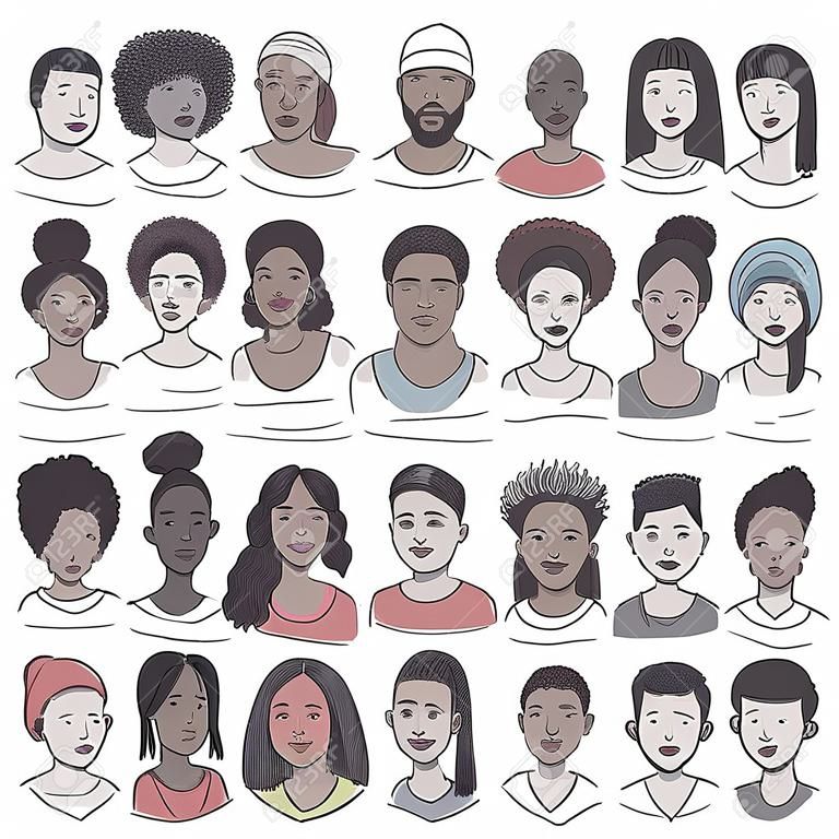 Set van vijftig met de hand getrokken diverse gezichten, kleurrijke portretten van mensen van kleur, mannen en vrouwen van Afrikaanse, Aziatische, Arabische en Latijns-Amerikaanse afkomst