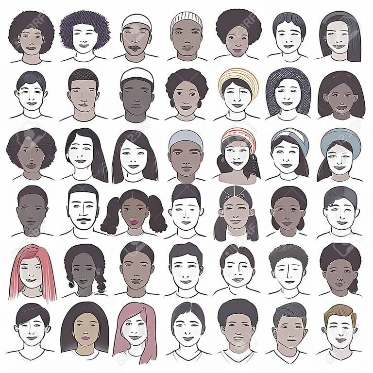 Set van vijftig met de hand getrokken diverse gezichten, kleurrijke portretten van mensen van kleur, mannen en vrouwen van Afrikaanse, Aziatische, Arabische en Latijns-Amerikaanse afkomst