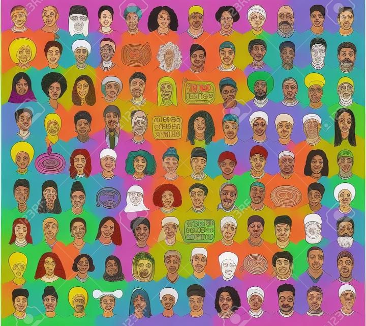 Set of 100 hand drawn faces, colorful and diverse portraits of people of different ethnicities