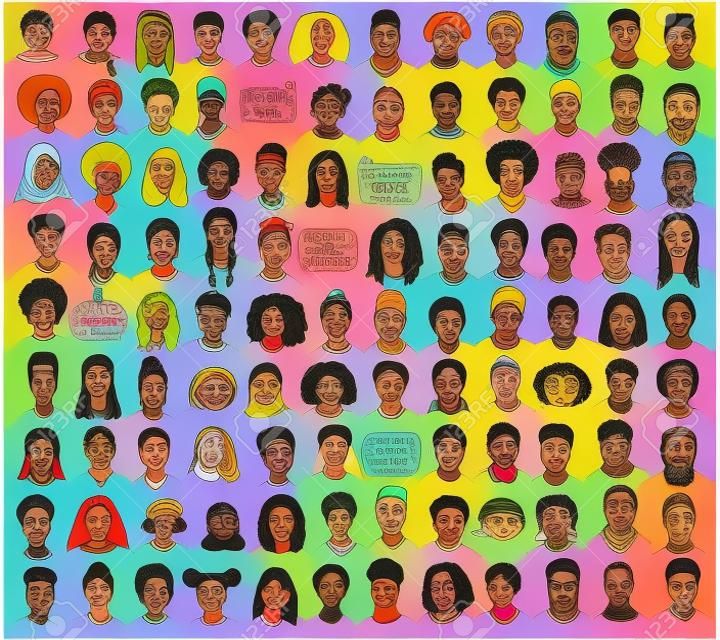 Set di 100 volti disegnati a mano, ritratti colorati e diversificati di persone di diverse etnie
