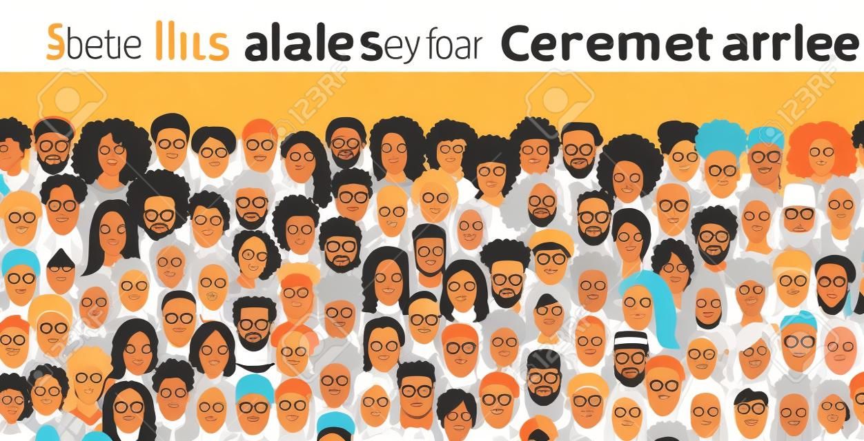 Bezszwowy baner z różnorodnym tłumem ludzi, ręcznie rysowane twarze różnych grup etnicznych