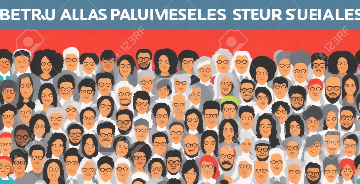 Bezszwowy baner z różnorodnym tłumem ludzi, ręcznie rysowane twarze różnych grup etnicznych