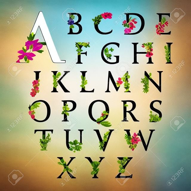 Handgefertigte Blumenschrift in Großbuchstaben, Serifenbuchstaben mit Blumen verziert