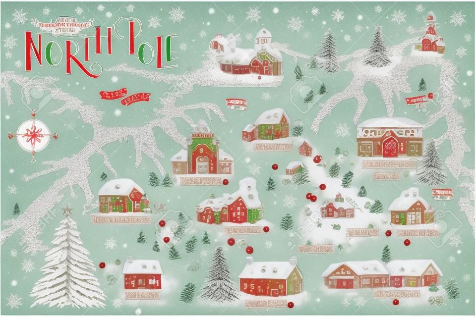 Fantasy-Karte des Nordpols, die das Haus und die Spielzeugfabrik des Weihnachtsmanns, Rentierställe, Elfendorf usw. zeigt - Vintage Weihnachtsgrußkartenvorlage