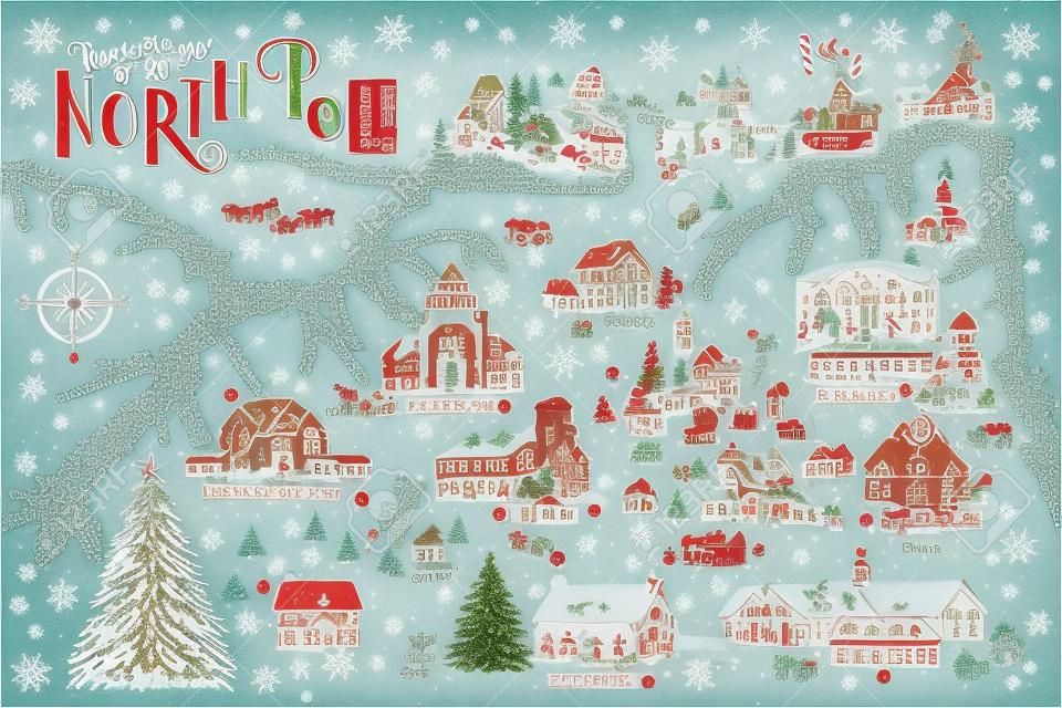 Fantasy-Karte des Nordpols, die das Haus und die Spielzeugfabrik des Weihnachtsmanns, Rentierställe, Elfendorf usw. zeigt - Vintage Weihnachtsgrußkartenvorlage