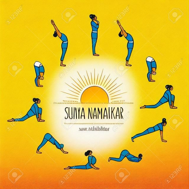 Hand drawn illustration of a young woman doing sun salutation (surya namaskar)