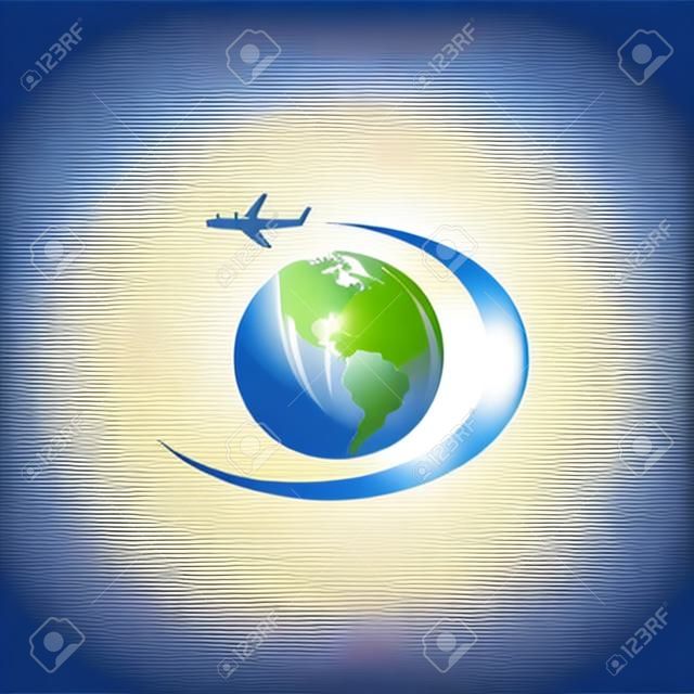travel globe and airplane logo vector icon illustrations